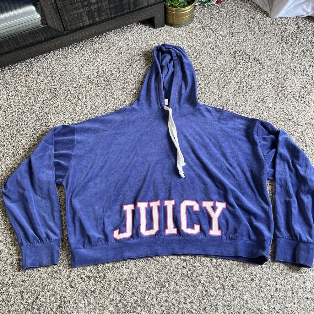 Juicy Couture Velour Sweatshirt Hoodie Blue Y2K Track Jacket Logo Size L - Picture 2 of 5